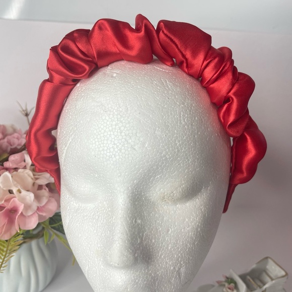 Red Satin Headband wrap scrunched For Women Pleated design - Picture 9 of 15